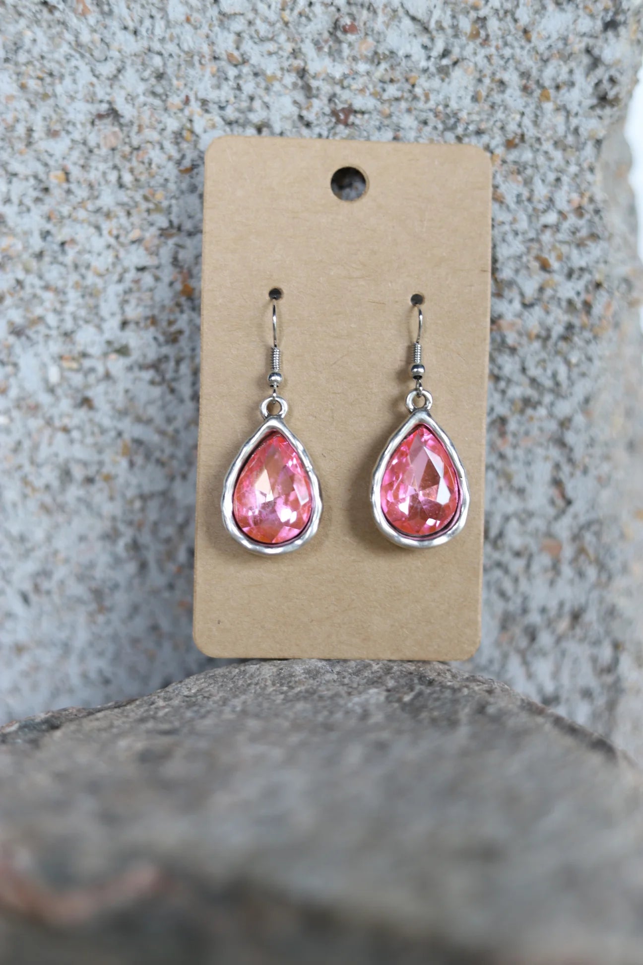 Silver teardrop with pink stone