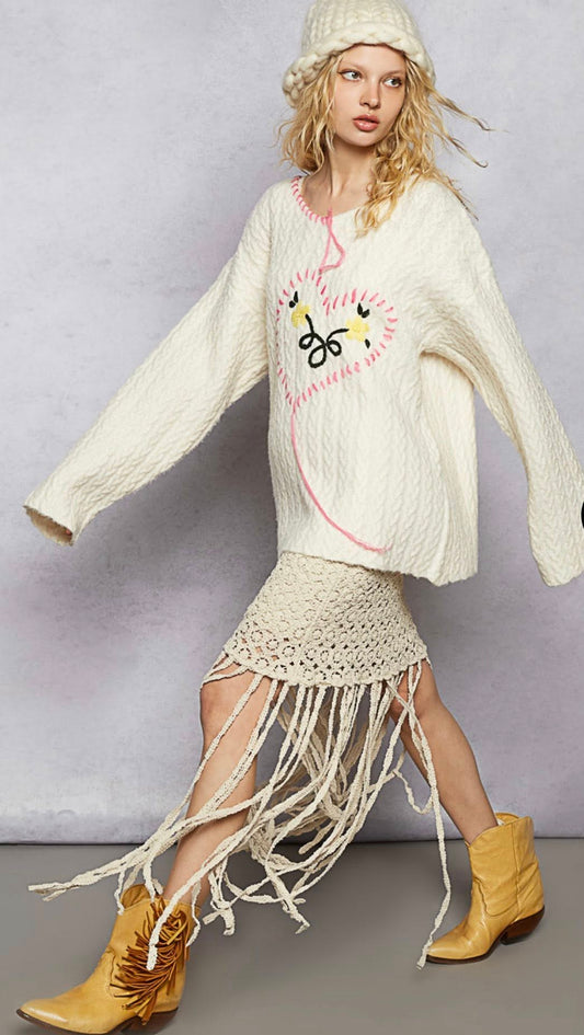 Stitched heart spring flower Sweater