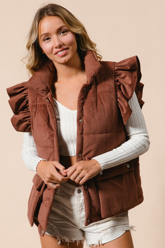 Corduroy Puffer Vest w/Ruffled sleeves