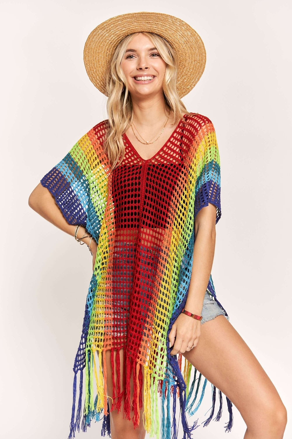 Rainbow Crochet Poncho Top