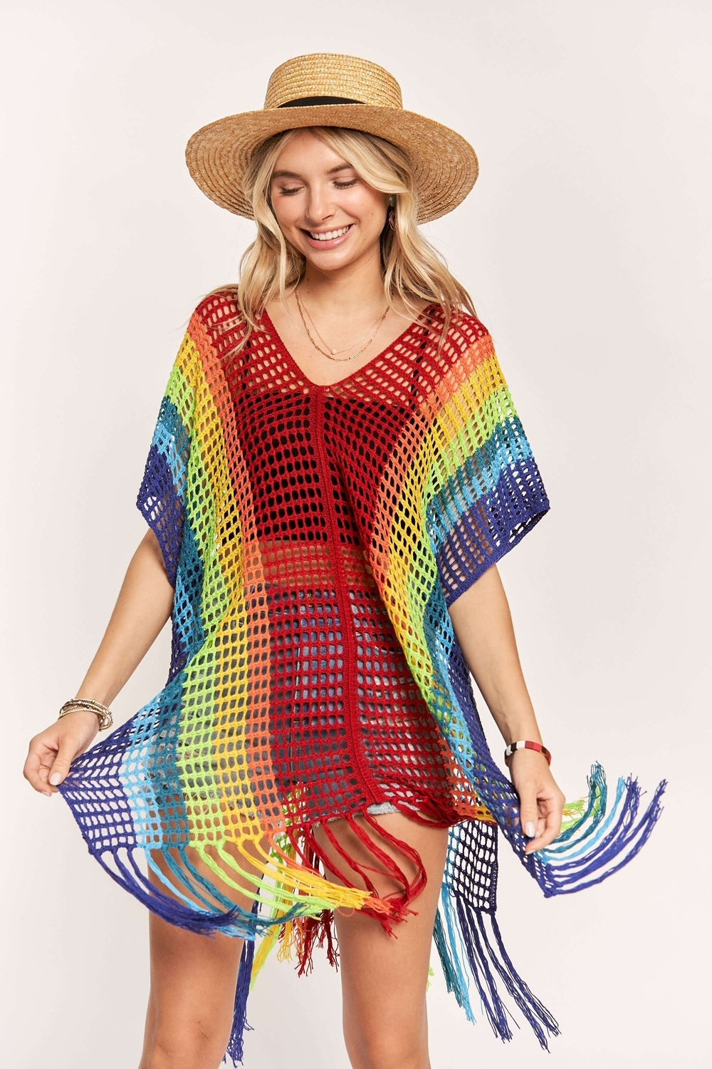 Rainbow Crochet Poncho Top