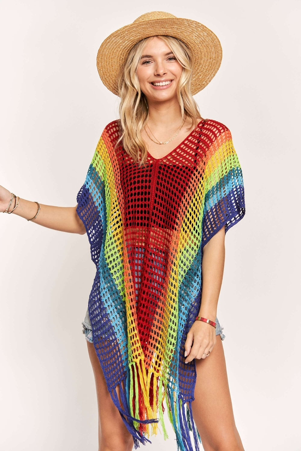 Rainbow Crochet Poncho Top