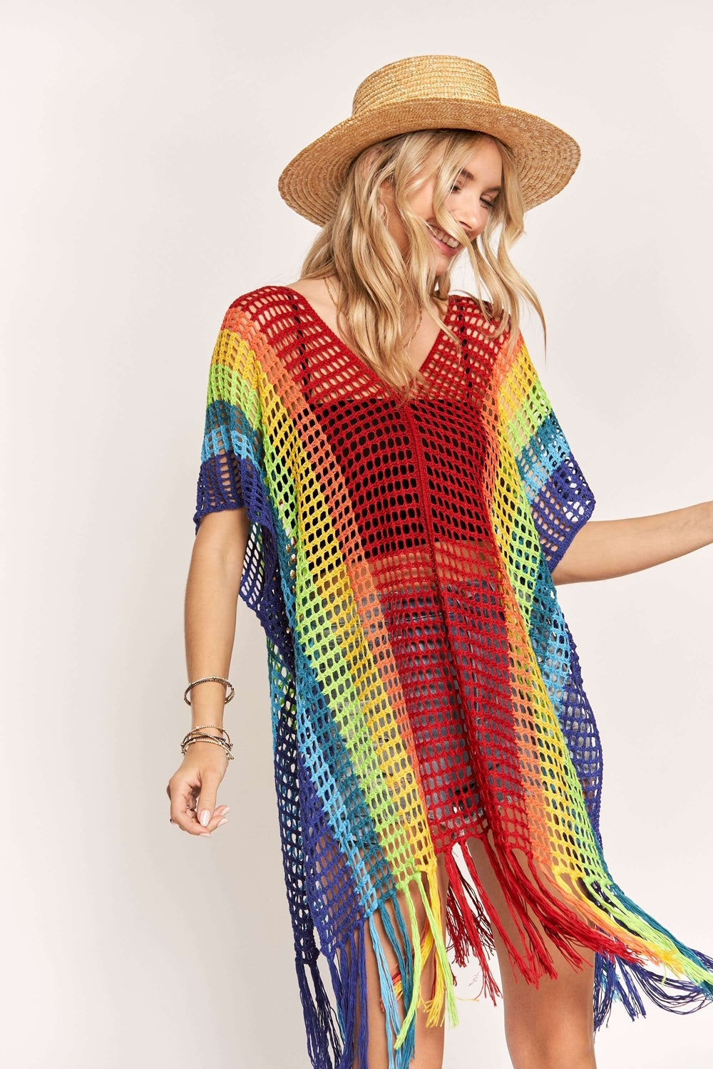 Rainbow Crochet Poncho Top