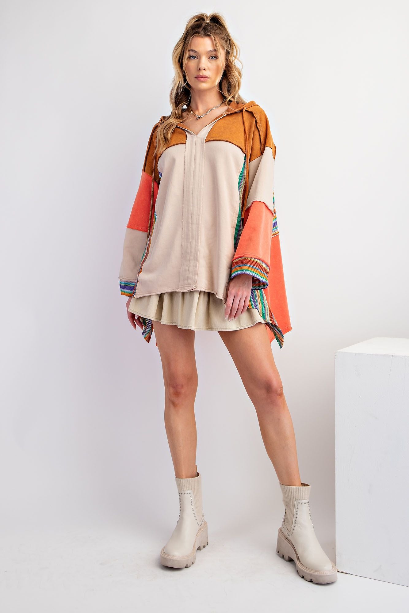 Rainbow/Khaki Hoodie Poncho