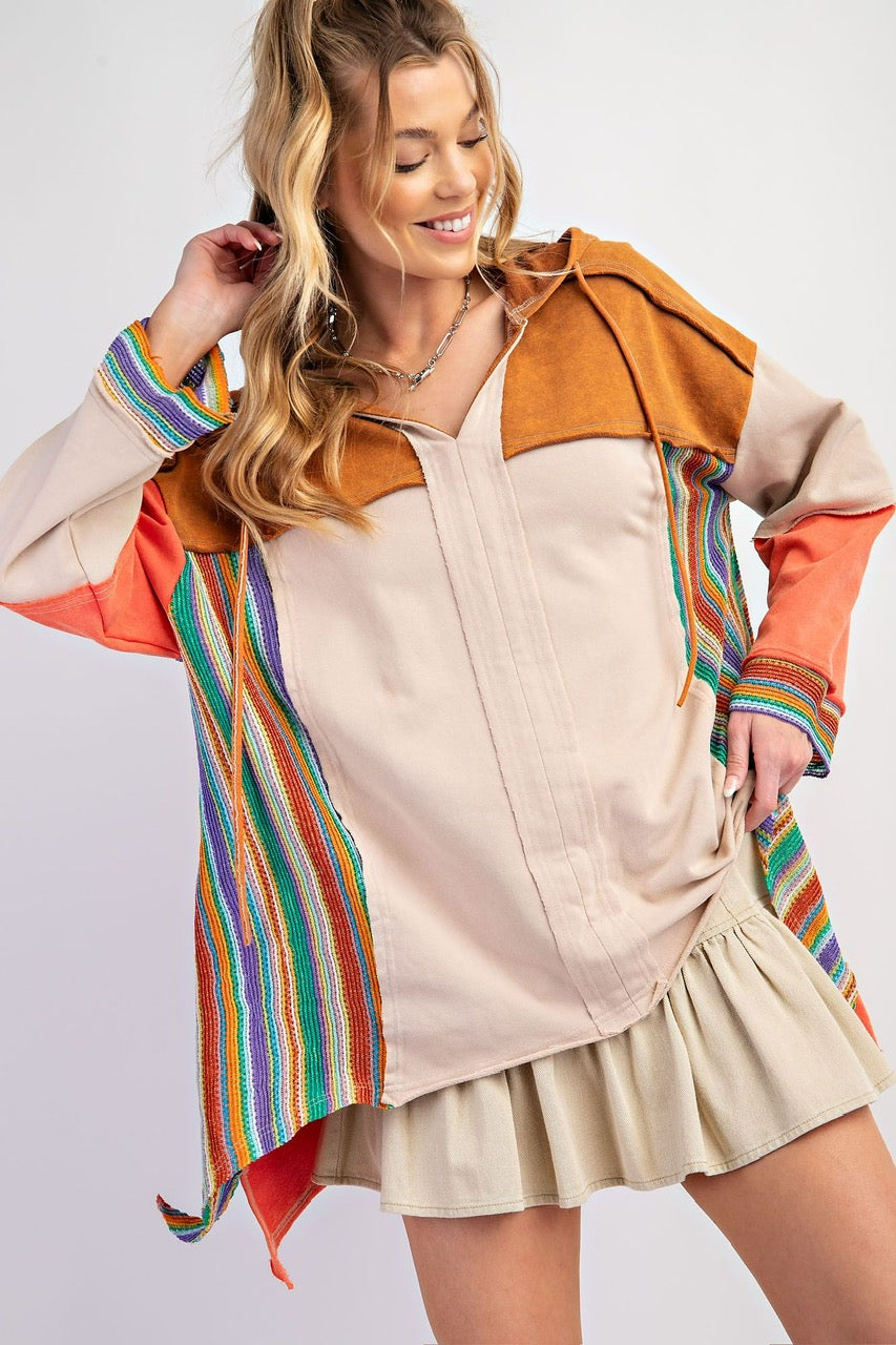 Rainbow/Khaki Hoodie Poncho