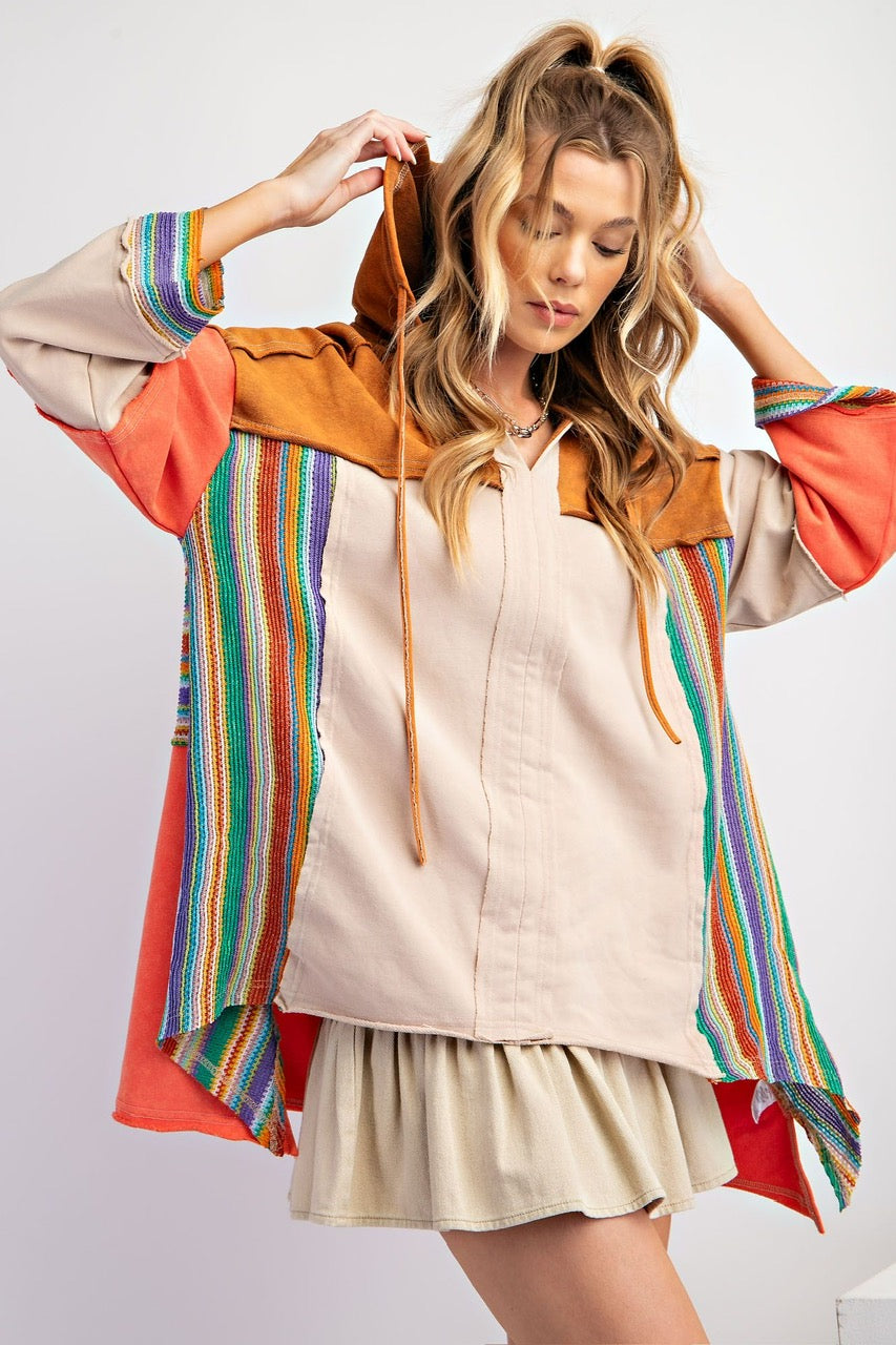 Rainbow/Khaki Hoodie Poncho