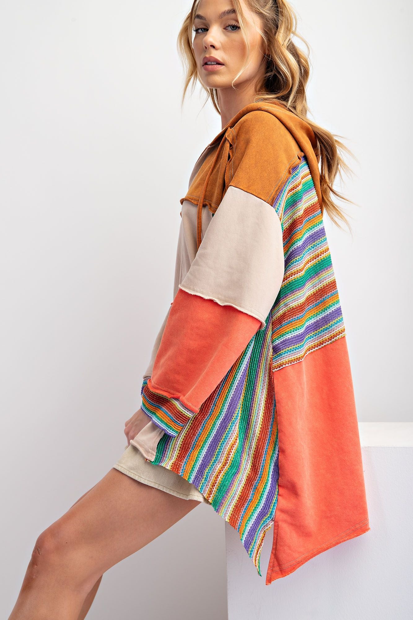 Rainbow/Khaki Hoodie Poncho