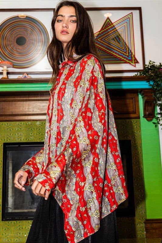 Red Floral Batwing Top