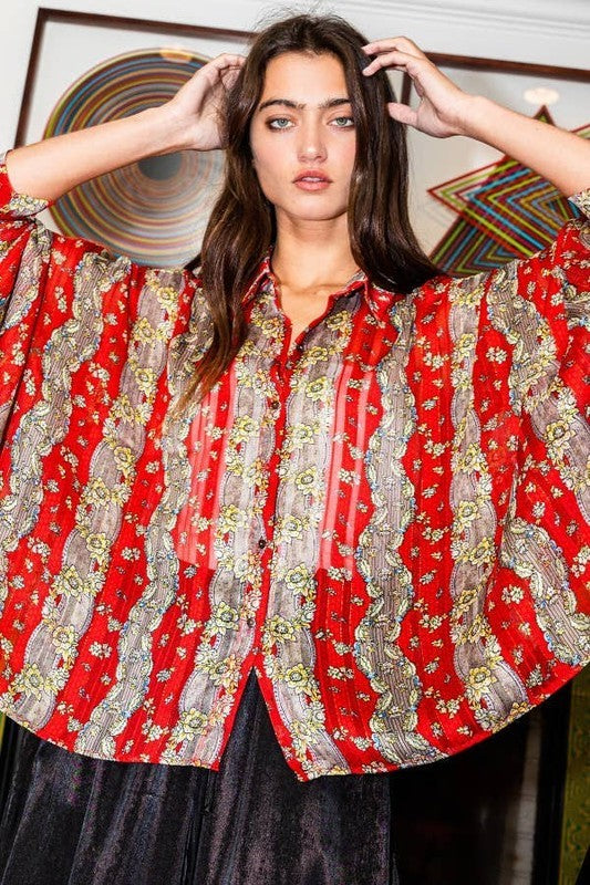 Red Floral Batwing Top