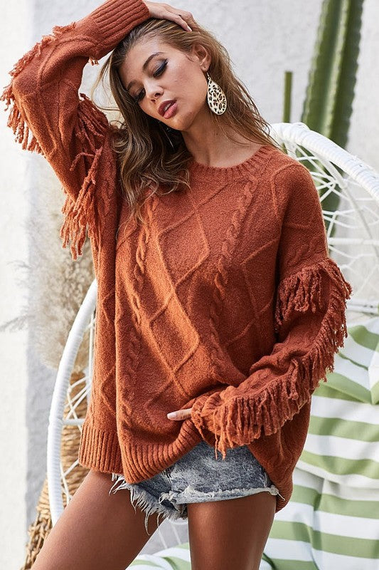 Cable Knit Fringe Sweater