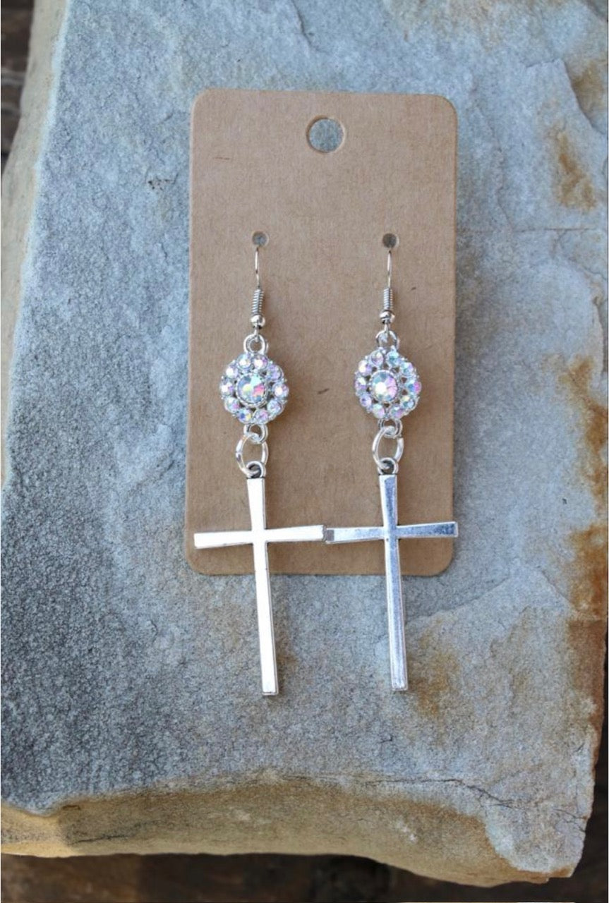 Skinny silver cross with crystal bling flower