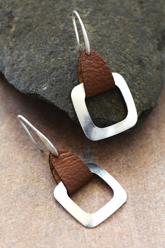 Square Drop Earring w/Leather Accent