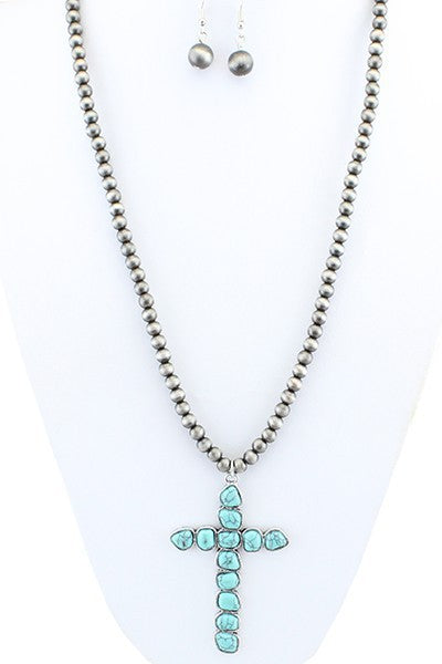 Beaded cross necklace and earring set: Turquoise