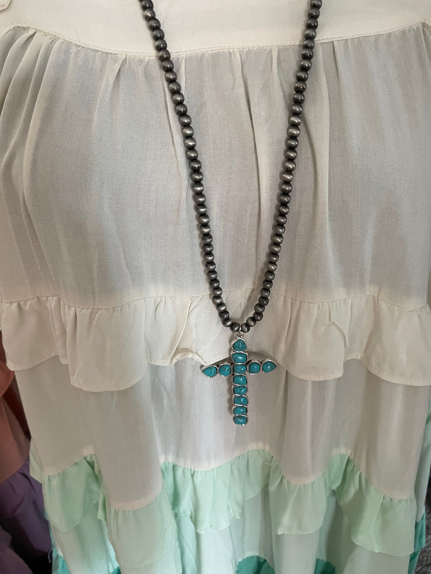 Beaded cross necklace and earring set: Turquoise