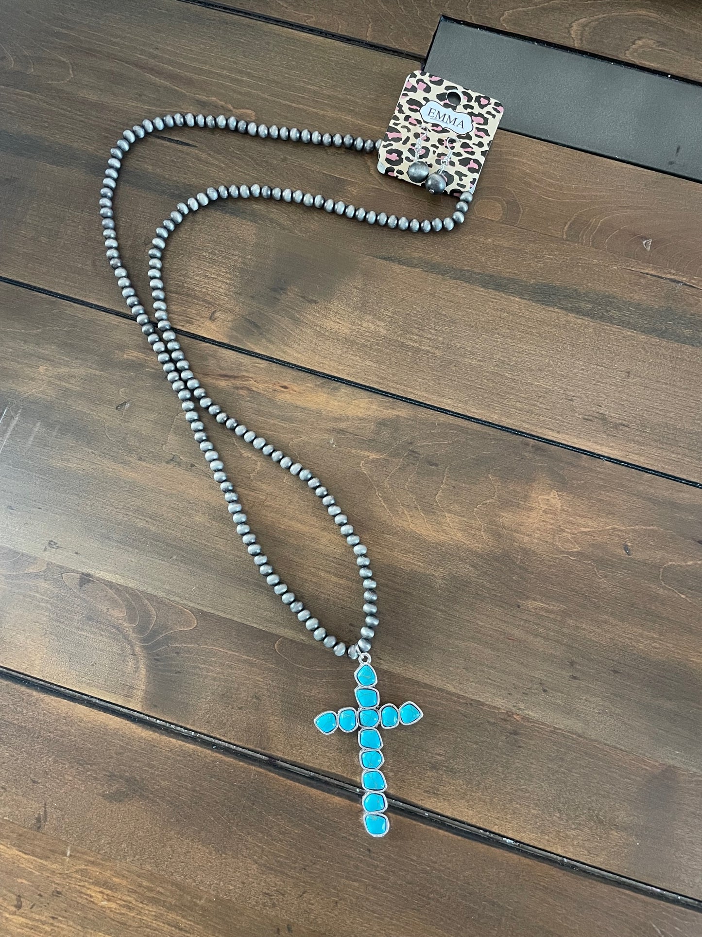 Beaded cross necklace and earring set: Turquoise