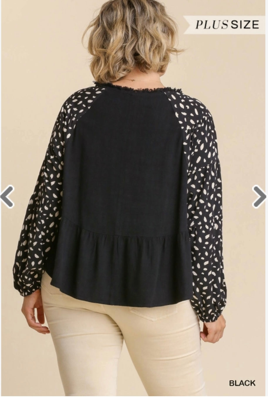 Black Linen Peplum Top with spotted sleeves