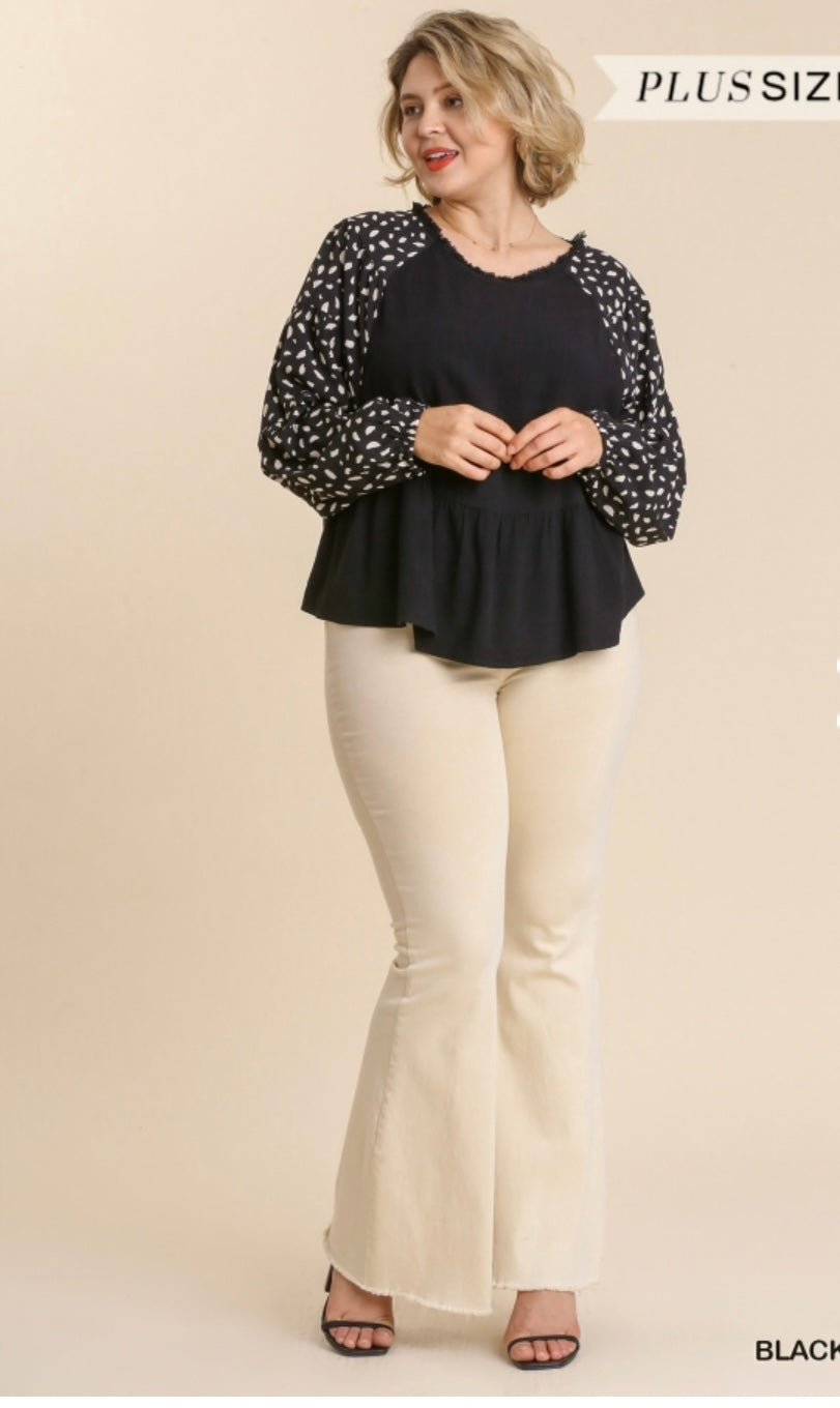 Black Linen Peplum Top with spotted sleeves