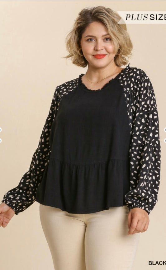 Black Linen Peplum Top with spotted sleeves