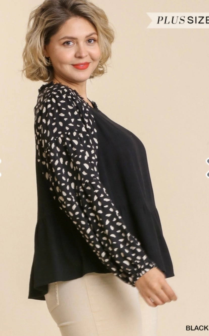 Black Linen Peplum Top with spotted sleeves