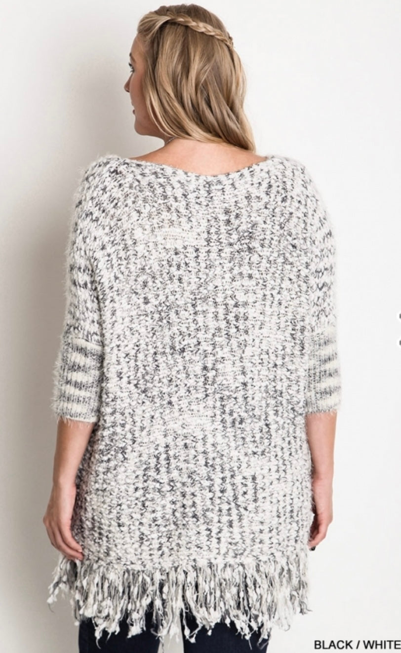 Black and white popcorn sweater with fringe